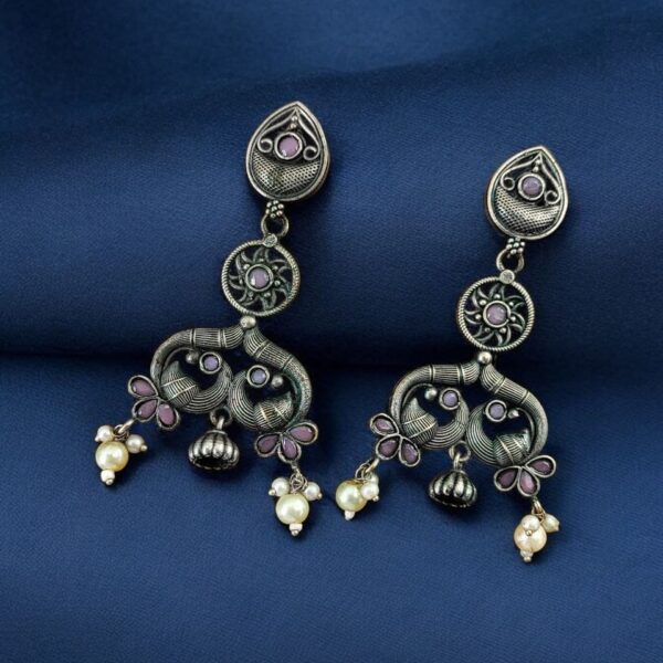 Antique Silver Peacock Earrings | Adorable Oxidized Jhumki Dangler Studs Jewelry - "Babypink"