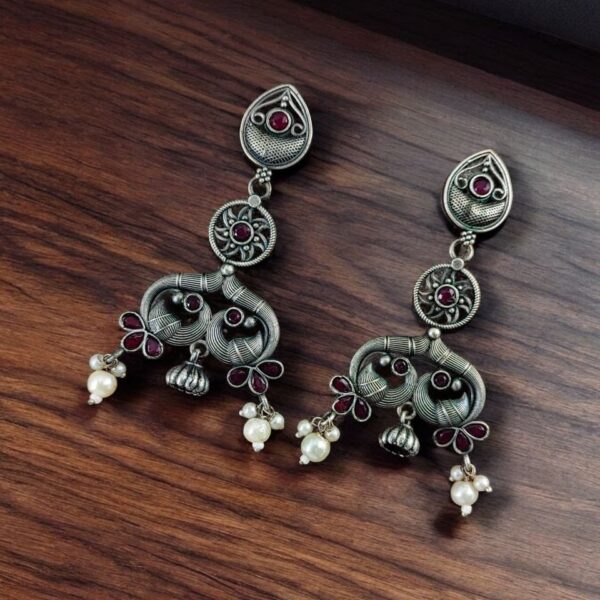 Antique Silver Peacock Earrings | Adorable Oxidized Jhumki Dangler Studs Jewelry - "Pink"