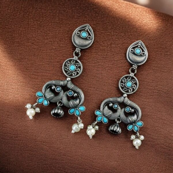 Antique Silver Peacock Earrings | Adorable Oxidized Jhumki Dangler Studs Jewelry - "Aqua"