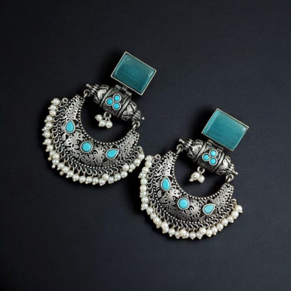 Silver Replica Chandbali Earrings - Unique Square Stone Stud Dangler Earring - "Aqua"