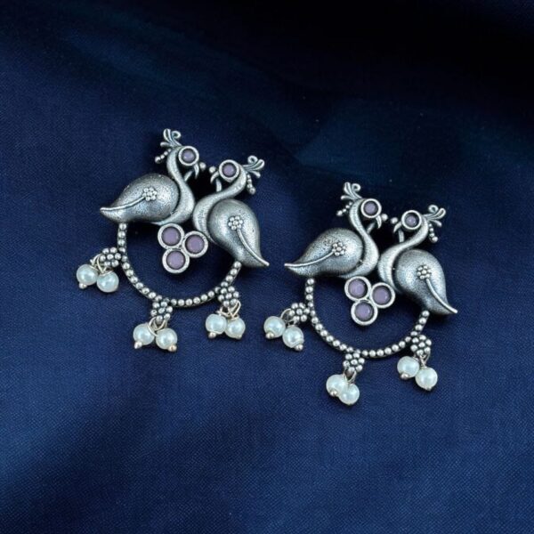 Antique Oxidised Peacock Stud Earrings | Unique Silver Replica Earring - "Babypink"