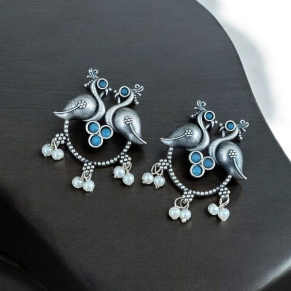 Antique Oxidised Peacock Stud Earrings | Unique Silver Replica Earring - "Aqua"
