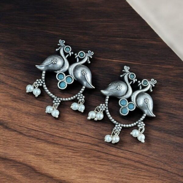 Antique Oxidised Peacock Stud Earrings | Unique Silver Replica Earring - "Mint"
