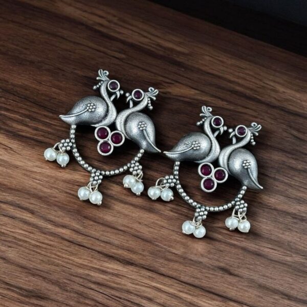 Antique Oxidised Peacock Stud Earrings | Unique Silver Replica Earring - "Pink"