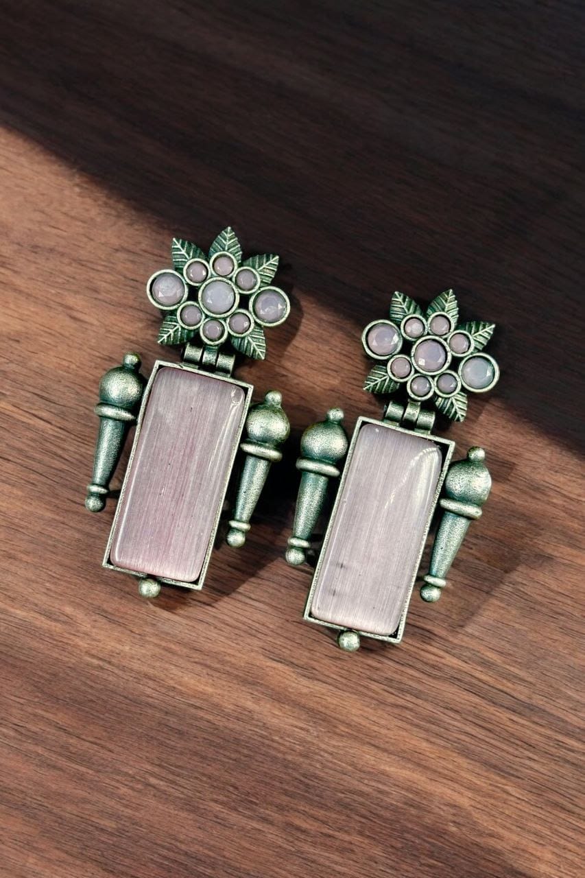 Silver Replica Monalisa Stone Earrings | Adorable Oxidised Antique Stones Studs - Image 5