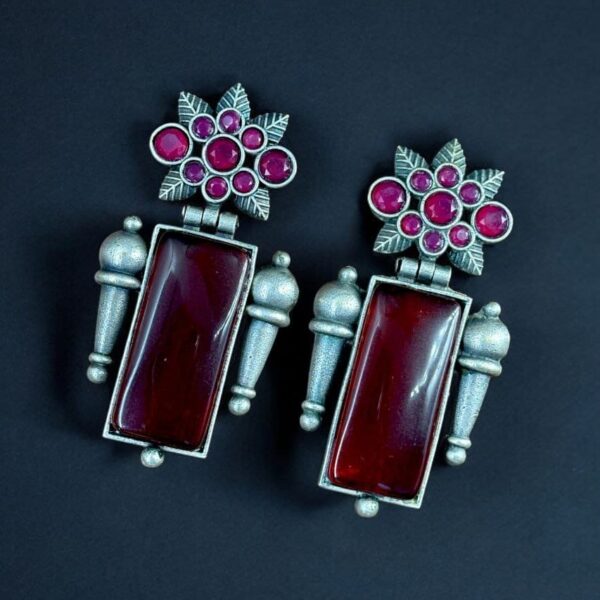 Silver Replica Monalisa Stone Earrings | Adorable Oxidised Antique Stones Studs - "Pink"