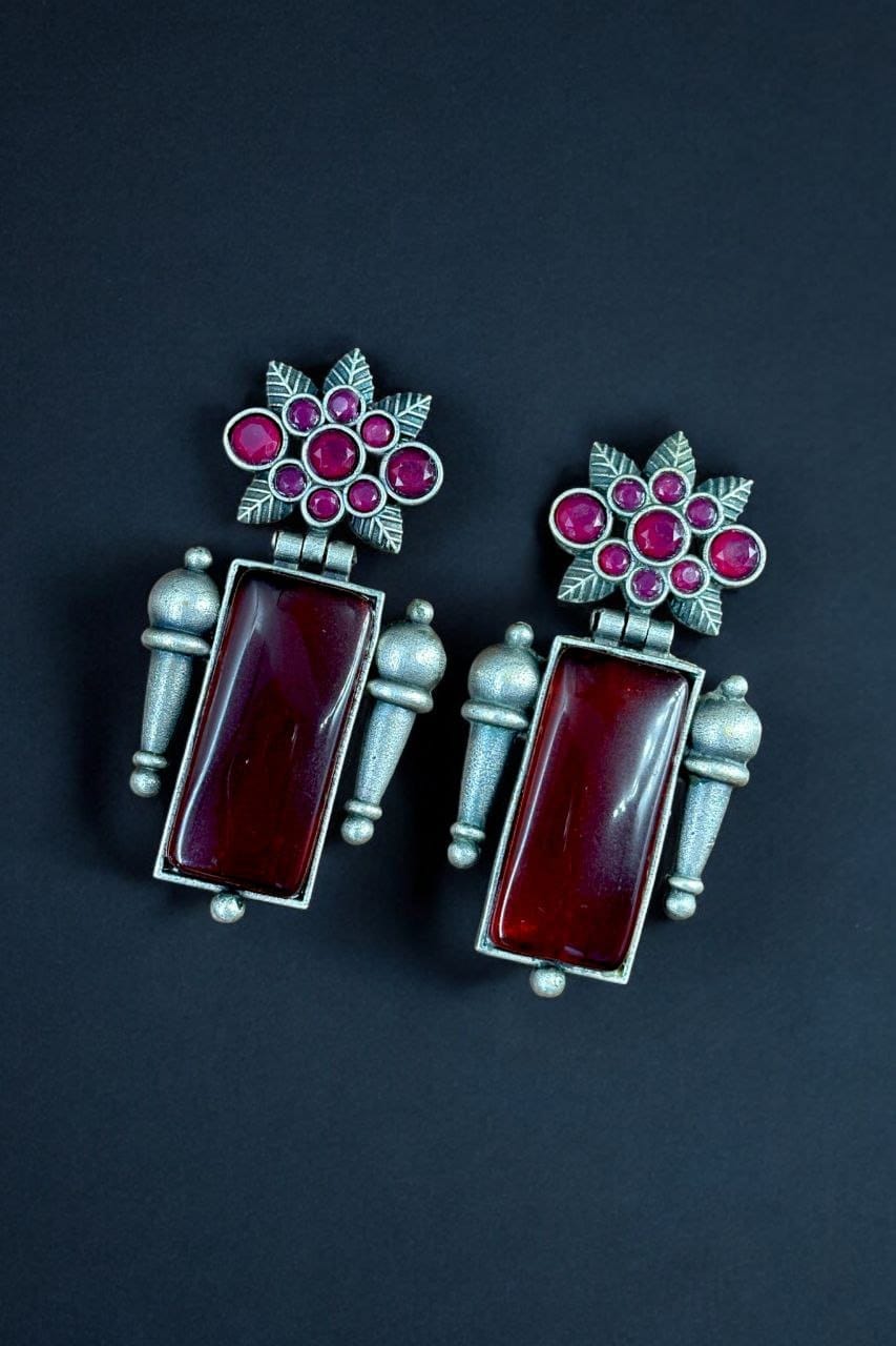 Silver Replica Monalisa Stone Earrings | Adorable Oxidised Antique Stones Studs - Image 2