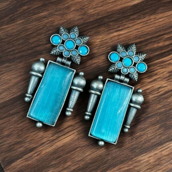 Silver Replica Monalisa Stone Earrings | Adorable Oxidised Antique Stones Studs - "Aqua"