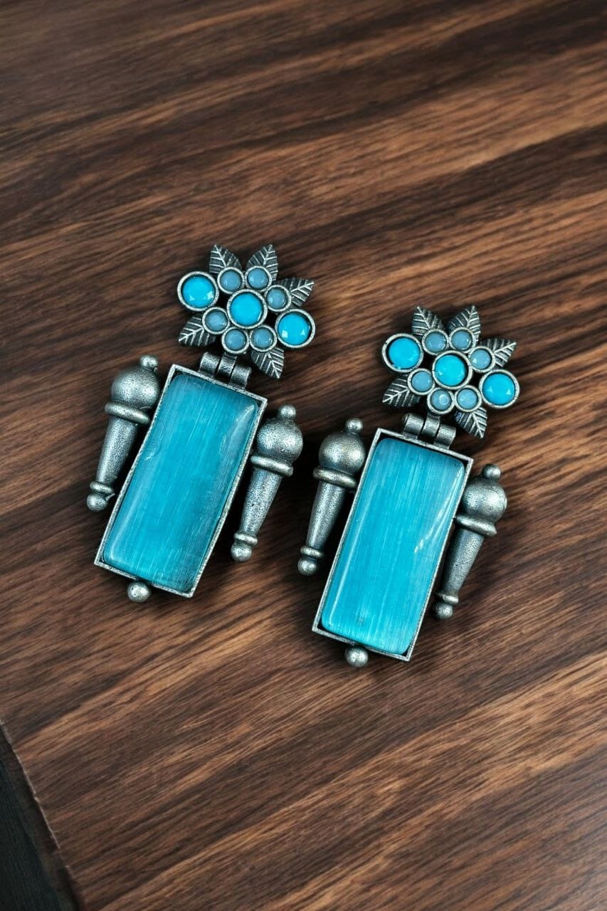 Silver Replica Monalisa Stone Earrings | Adorable Oxidised Antique Stones Studs - Image 3