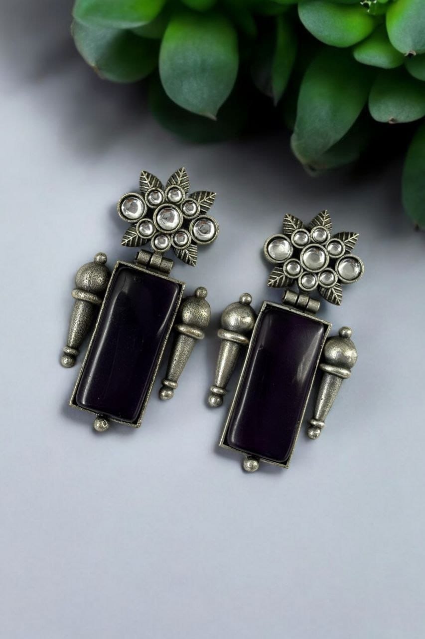 Silver Replica Monalisa Stone Earrings | Adorable Oxidised Antique Stones Studs