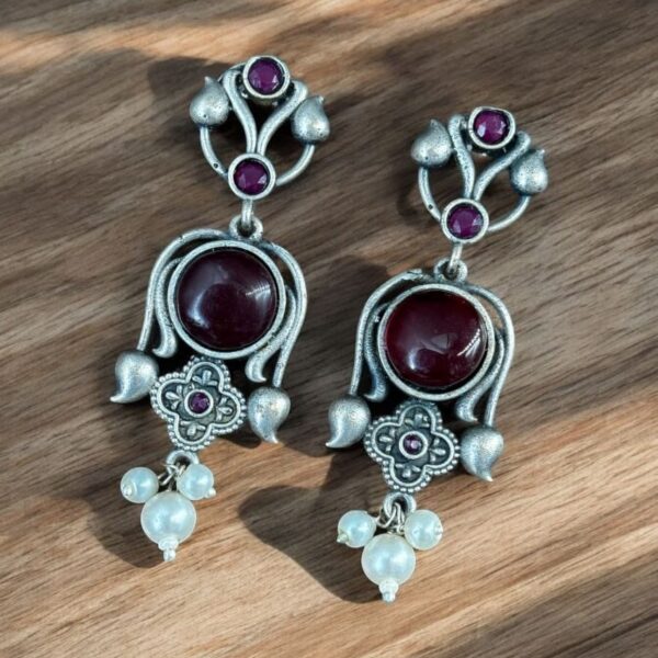 Light Weight Oxidized Silver Replica Stud Earrings | Best Silver Look Like Premium Jewelry - "Red"