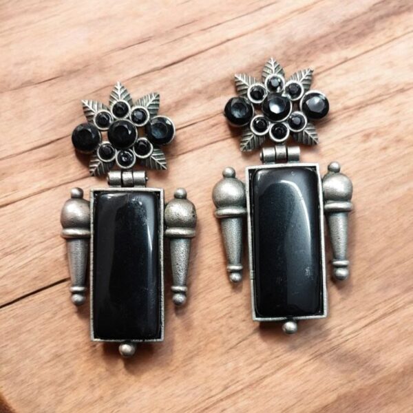 Silver Replica Monalisa Stone Earrings | Adorable Oxidised Antique Stones Studs - "Black"