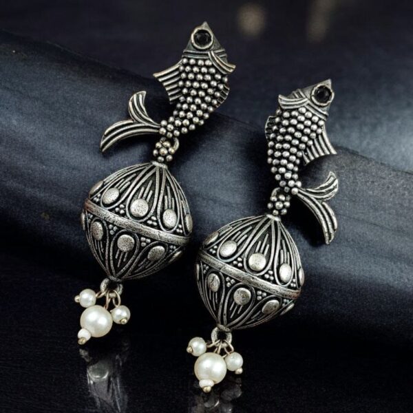 Silver Look a Like Fish Earrings | Designer Best Jhumki | imitation Oxidised Fish Jhumkas - "Black"