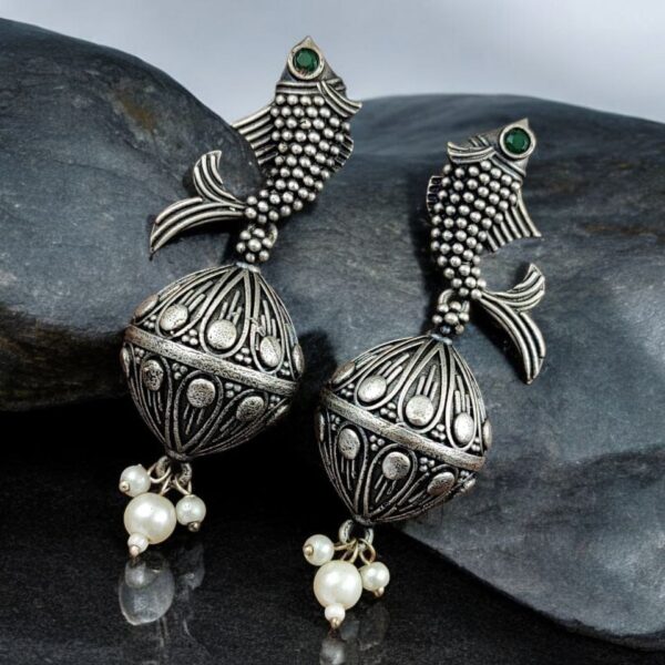 Silver Look a Like Fish Earrings | Designer Best Jhumki | imitation Oxidised Fish Jhumkas - "Green"
