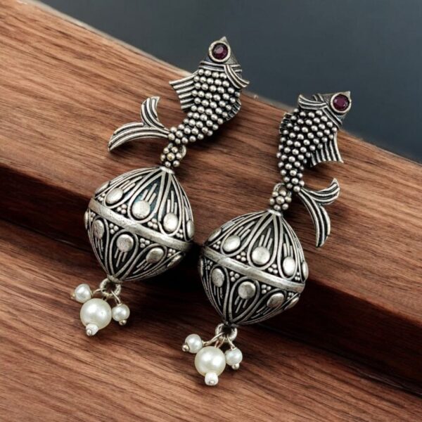 Silver Look a Like Fish Earrings | Designer Best Jhumki | imitation Oxidised Fish Jhumkas - "Pink"