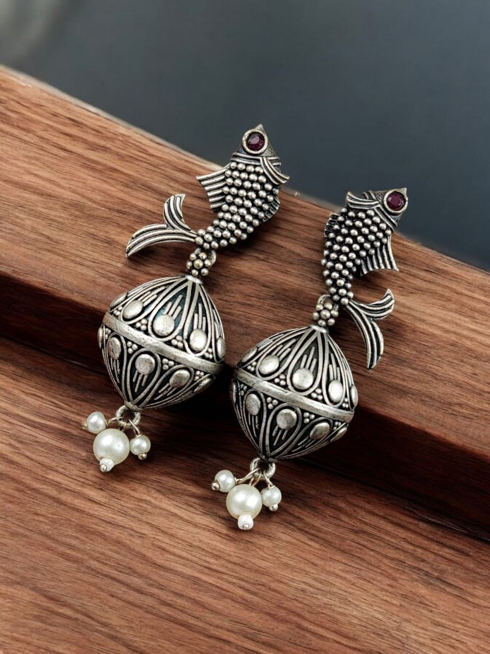 Silver Look a Like Fish Earrings | Designer Best Jhumki | imitation Oxidised Fish Jhumkas - Image 4