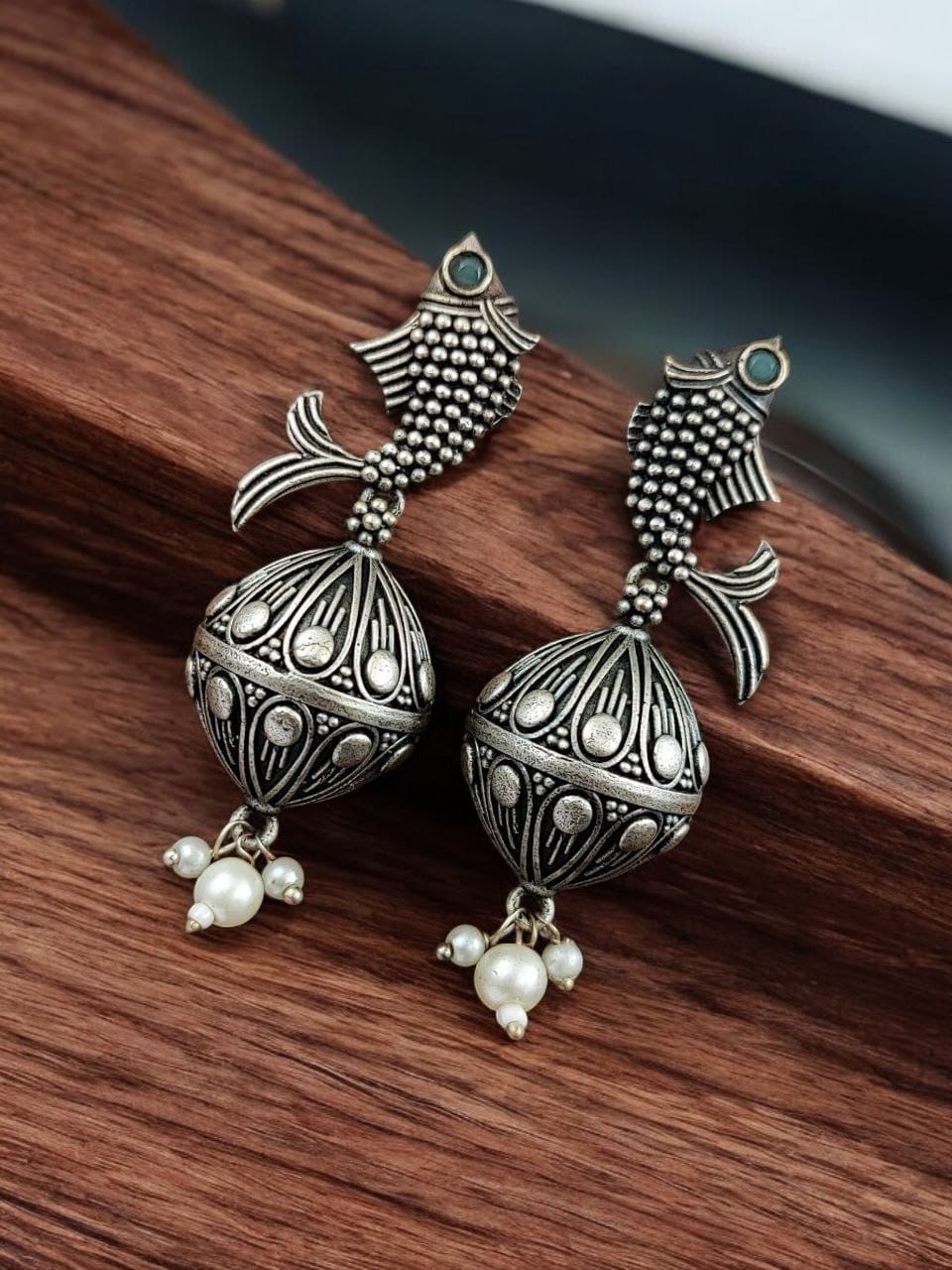 Silver Look a Like Fish Earrings | Designer Best Jhumki | imitation Oxidised Fish Jhumkas - Image 5