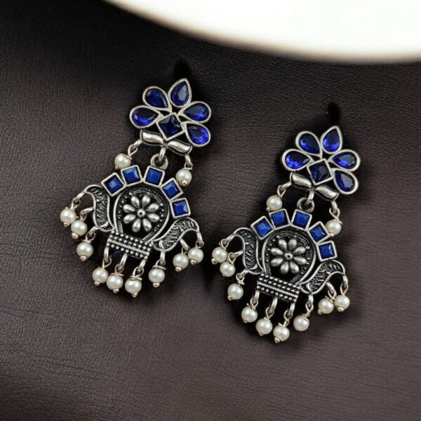 Oxidised Silver Replica Earrings | Unique Light Weighted Party wear Dangler Bali For Girls - "Blue"