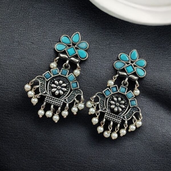 Oxidised Silver Replica Earrings | Unique Light Weighted Party wear Dangler Bali For Girls - "Aqua"