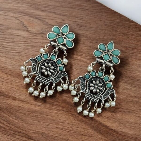 Oxidised Silver Replica Earrings | Unique Light Weighted Party wear Dangler Bali For Girls - "Mint"