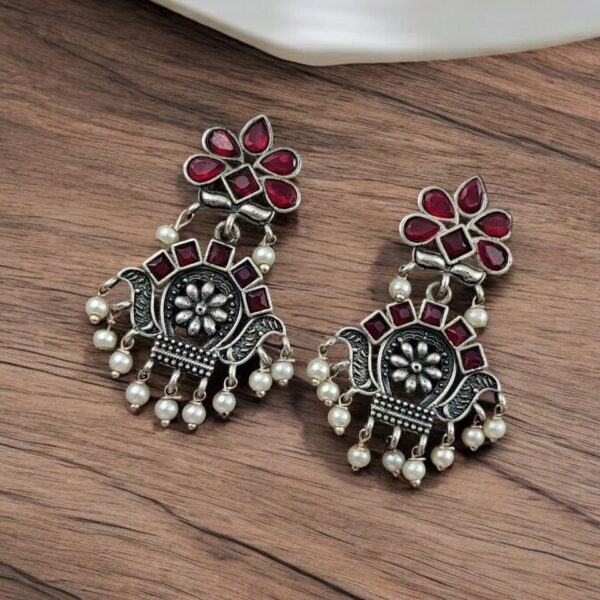 Oxidised Silver Replica Earrings | Unique Light Weighted Party wear Dangler Bali For Girls - "Pink"