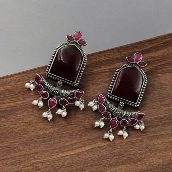 Fashionable Trendy Earrings - Best Silver Replica Jumbo Stone Dangler Earring - "Red"