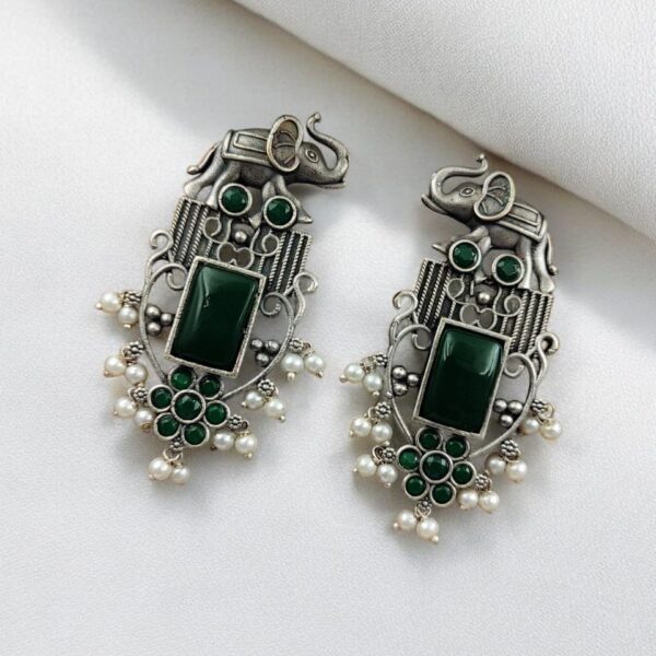 Antique Silver Plated Elephant Design Earrings | Best Traditional Indian Stone Stud Jewelry - "Green"