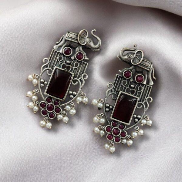 Antique Silver Plated Elephant Design Earrings | Best Traditional Indian Stone Stud Jewelry - "Red"