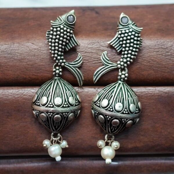 Silver Look a Like Fish Earrings | Designer Best Jhumki | imitation Oxidised Fish Jhumkas - "Babypink"