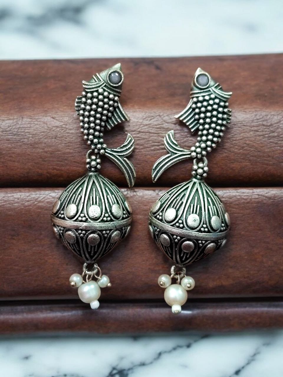 Silver Look a Like Fish Earrings | Designer Best Jhumki | imitation Oxidised Fish Jhumkas - Image 7