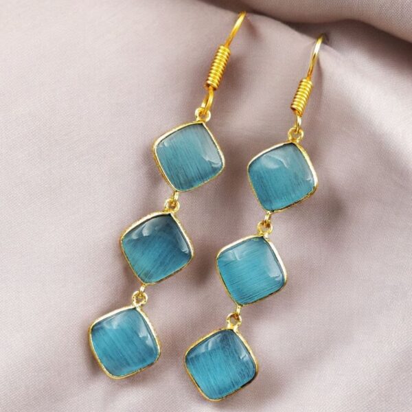 Gold-Plated Monalisa Stone Earrings | Premium Quality Best Stone Dangler Jewelry - "Aqua"