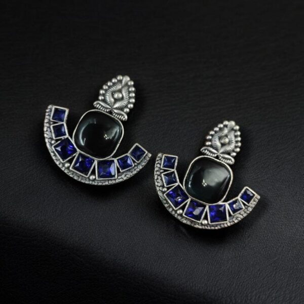 Silver Replica Stone Earrings | Antique Oxidized Stud Jewelry For Girls - "Blue"