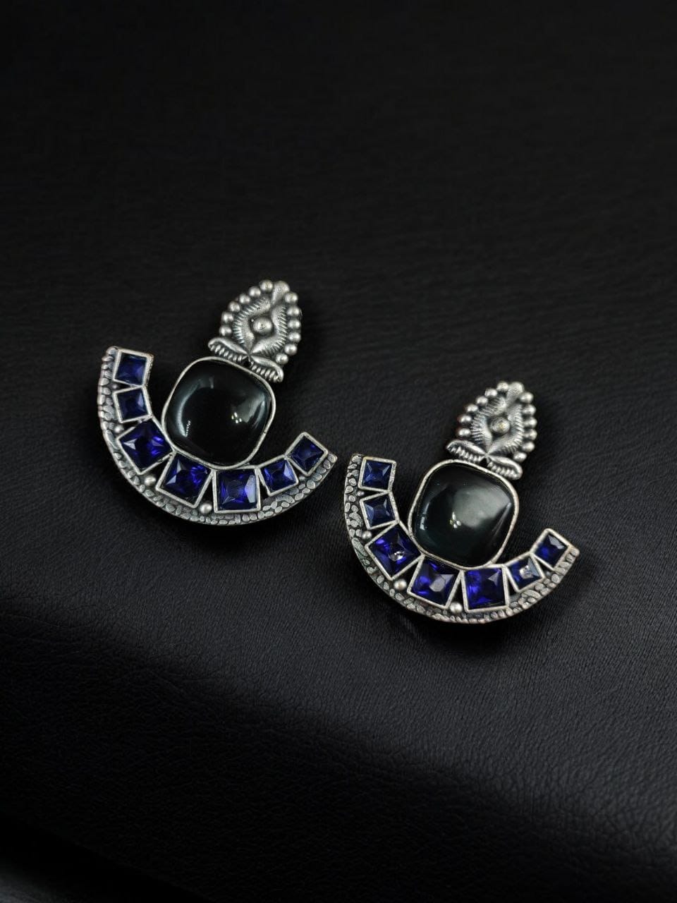 Silver Replica Stone Earrings | Antique Oxidized Stud Jewelry For Girls - Image 10