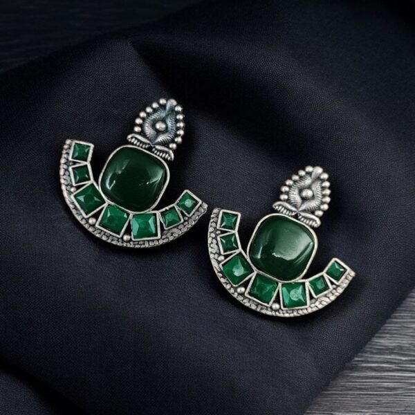 Silver Replica Stone Earrings | Antique Oxidized Stud Jewelry For Girls - "Green"