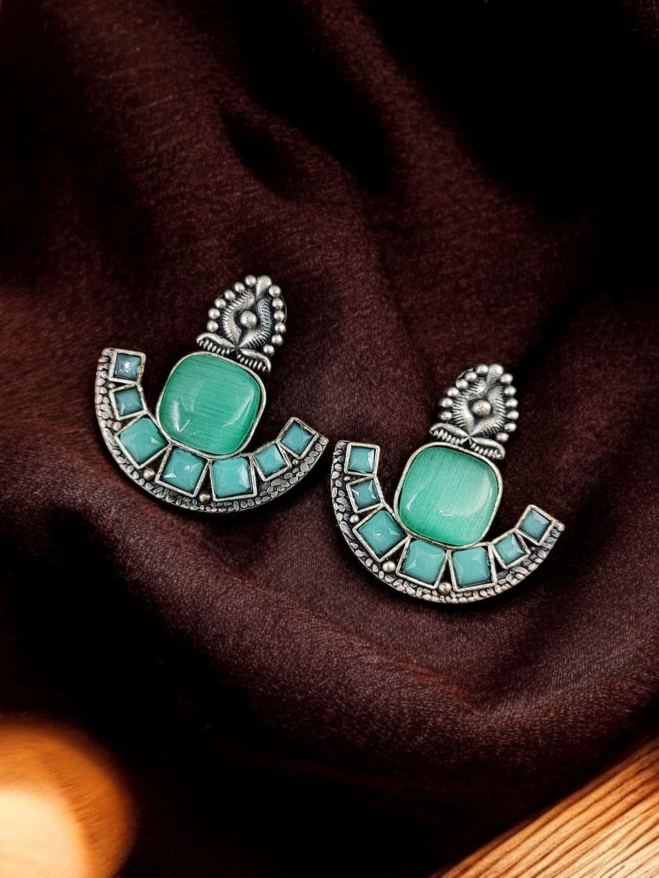Silver Replica Stone Earrings | Antique Oxidized Stud Jewelry For Girls - Image 8