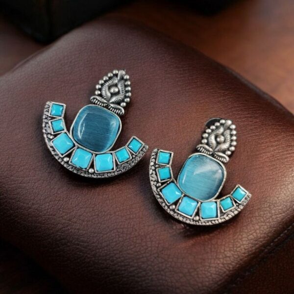 Silver Replica Stone Earrings | Antique Oxidized Stud Jewelry For Girls - "Aqua"