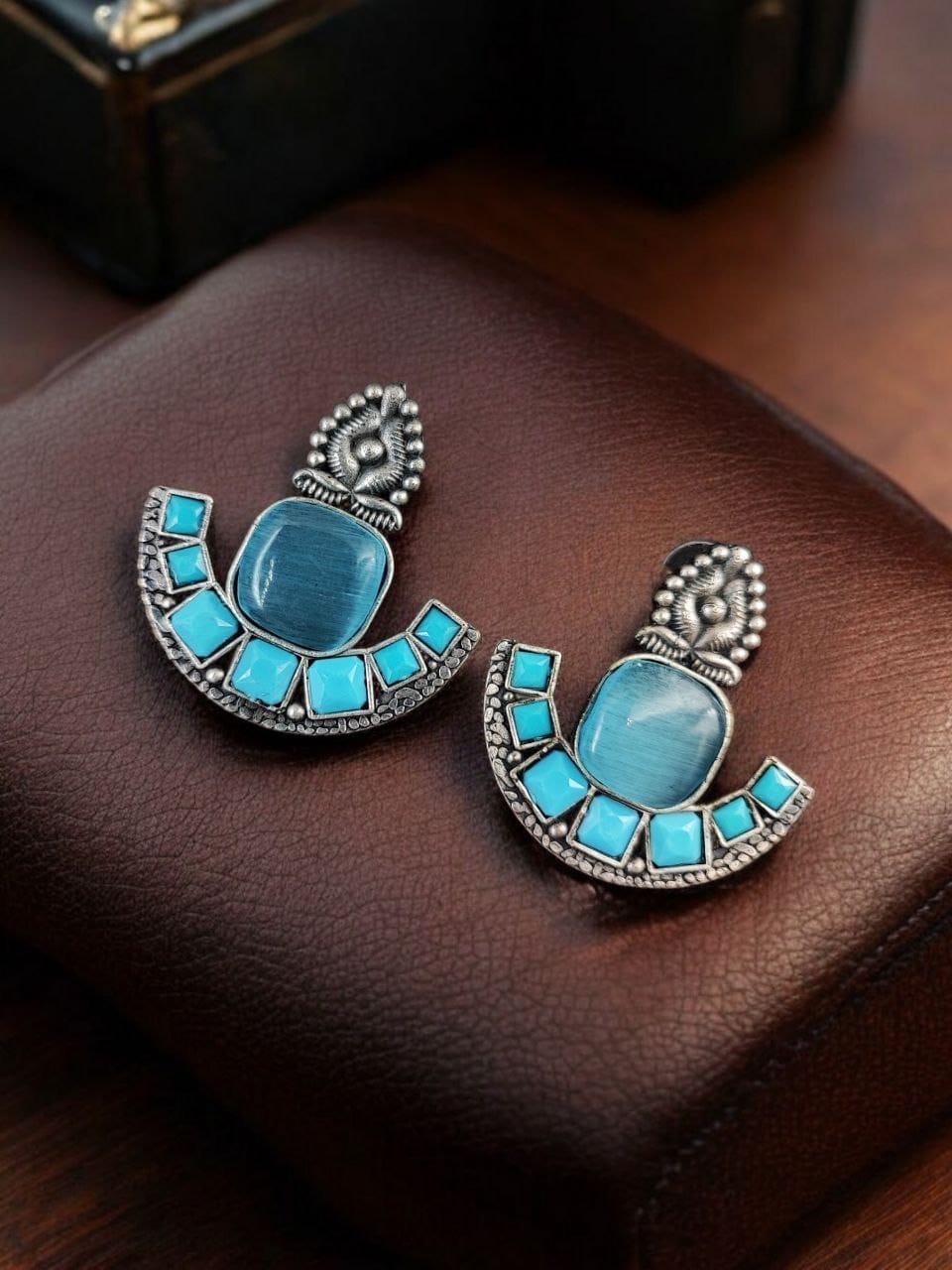 Silver Replica Stone Earrings | Antique Oxidized Stud Jewelry For Girls - Image 7