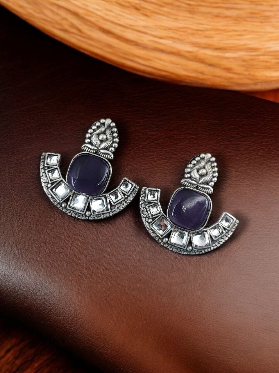 Silver Replica Stone Earrings | Antique Oxidized Stud Jewelry For Girls - Image 6