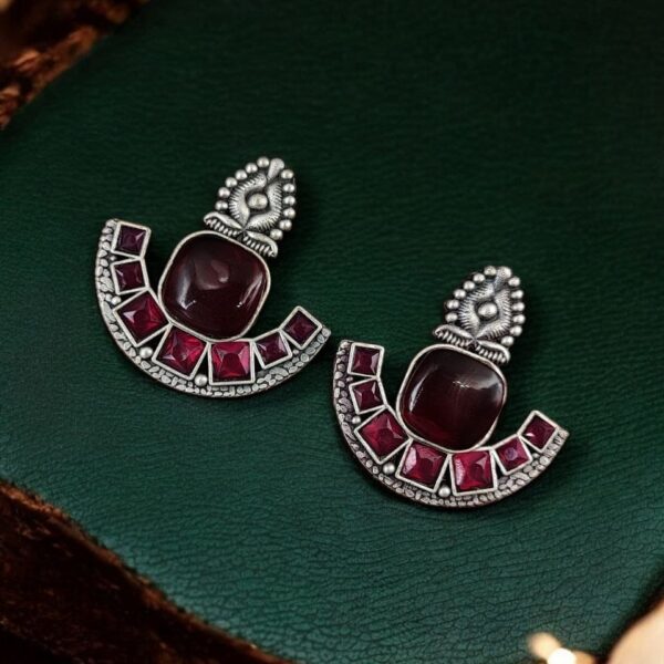 Silver Replica Stone Earrings | Antique Oxidized Stud Jewelry For Girls - "Red"