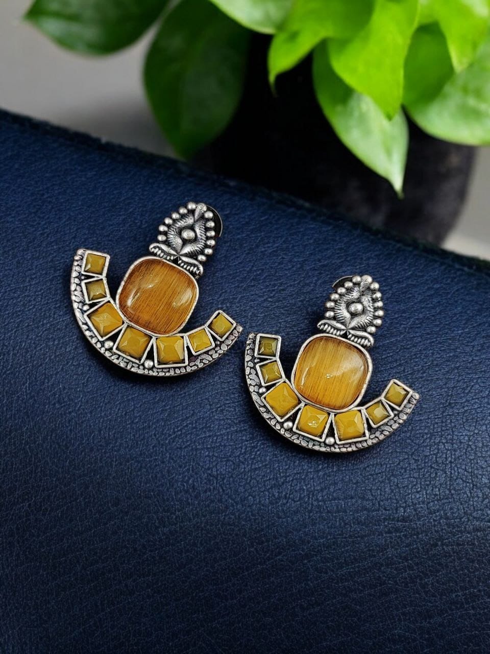 Silver Replica Stone Earrings | Antique Oxidized Stud Jewelry For Girls - Image 3