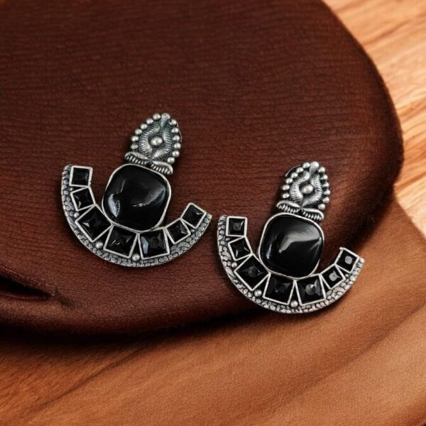 Silver Replica Stone Earrings | Antique Oxidized Stud Jewelry For Girls - "Black"