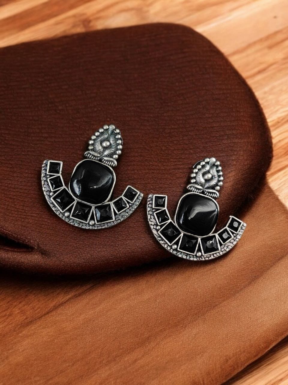 Silver Replica Stone Earrings | Antique Oxidized Stud Jewelry For Girls - Image 2