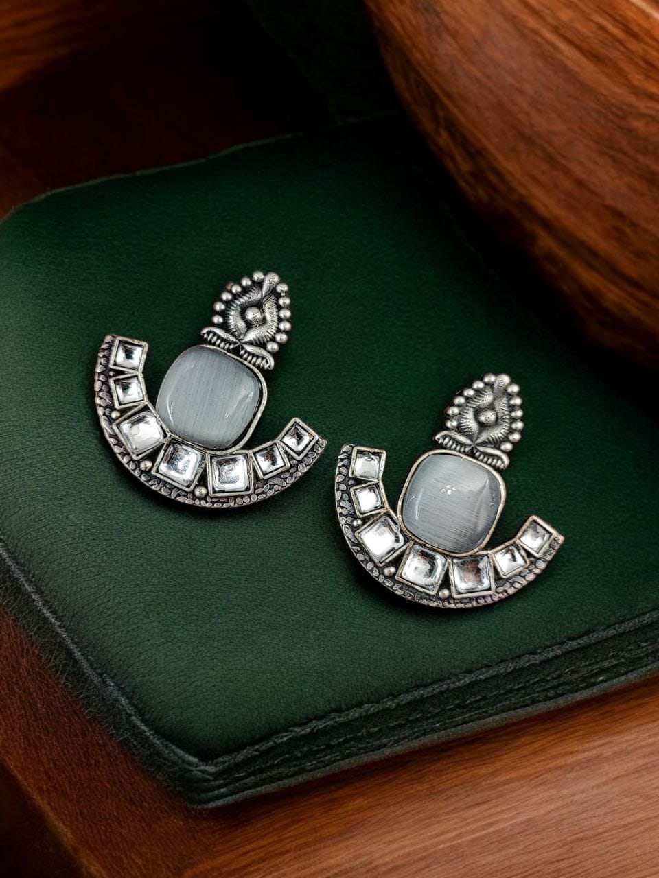 Silver Replica Stone Earrings | Antique Oxidized Stud Jewelry For Girls