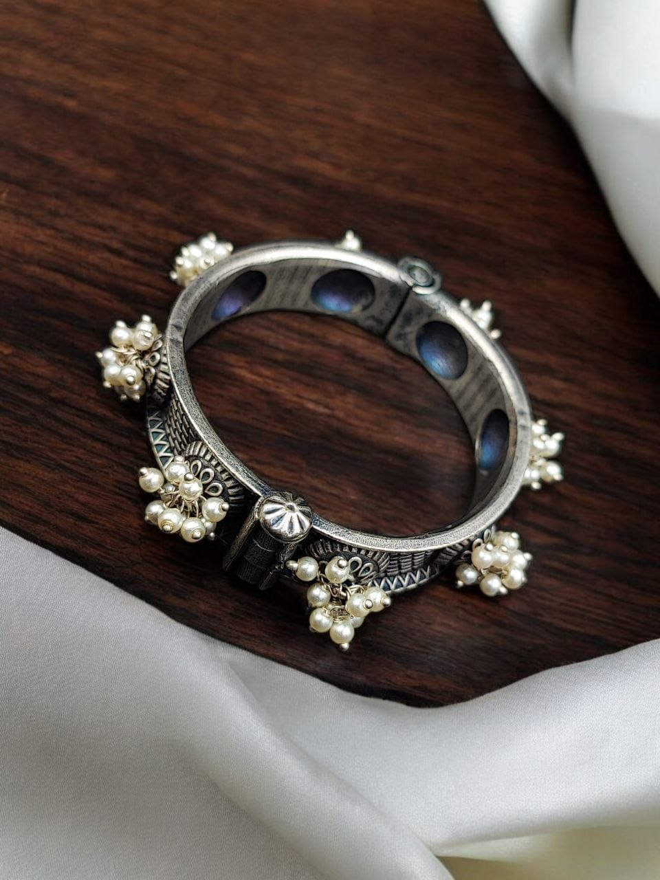 Silver Look Oxidized Bangles | Best Traditional Pearl Work Kada / Bracelet For Girls - Image 2
