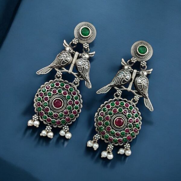 Silver Replica Bird Oxidized Earrings | Best Antique Stone Work Stud Jewelry - "Red-Green"
