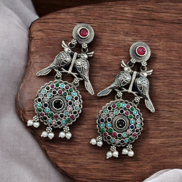 Silver Replica Bird Oxidized Earrings | Best Antique Stone Work Stud Jewelry - "Multi"
