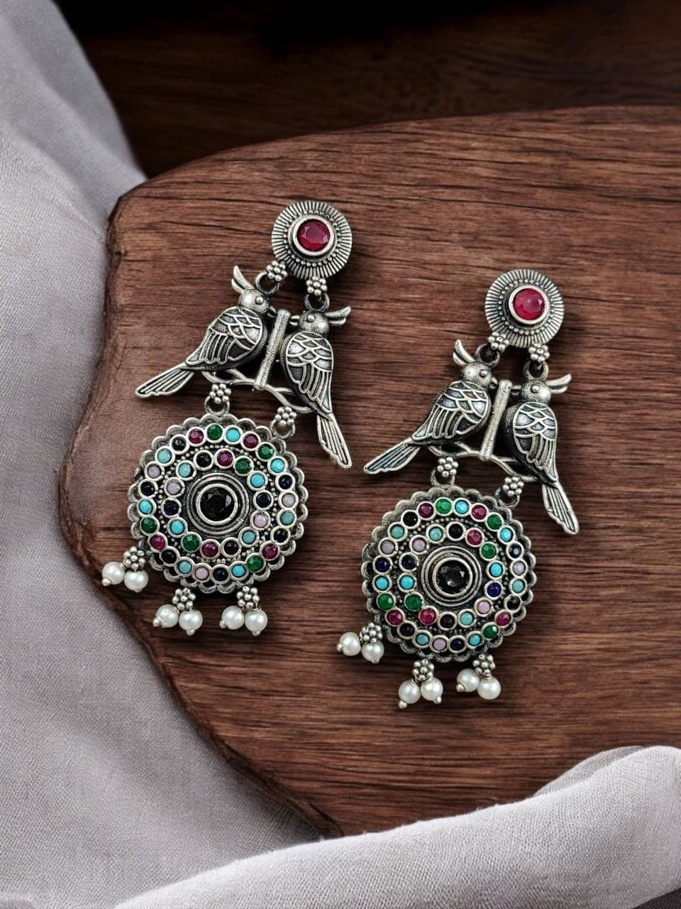 Silver Replica Bird Oxidized Earrings | Best Antique Stone Work Stud Jewelry - Image 3