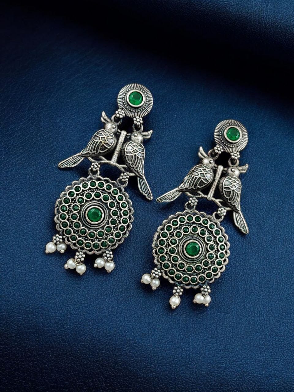 Silver Replica Bird Oxidized Earrings | Best Antique Stone Work Stud Jewelry - Image 4