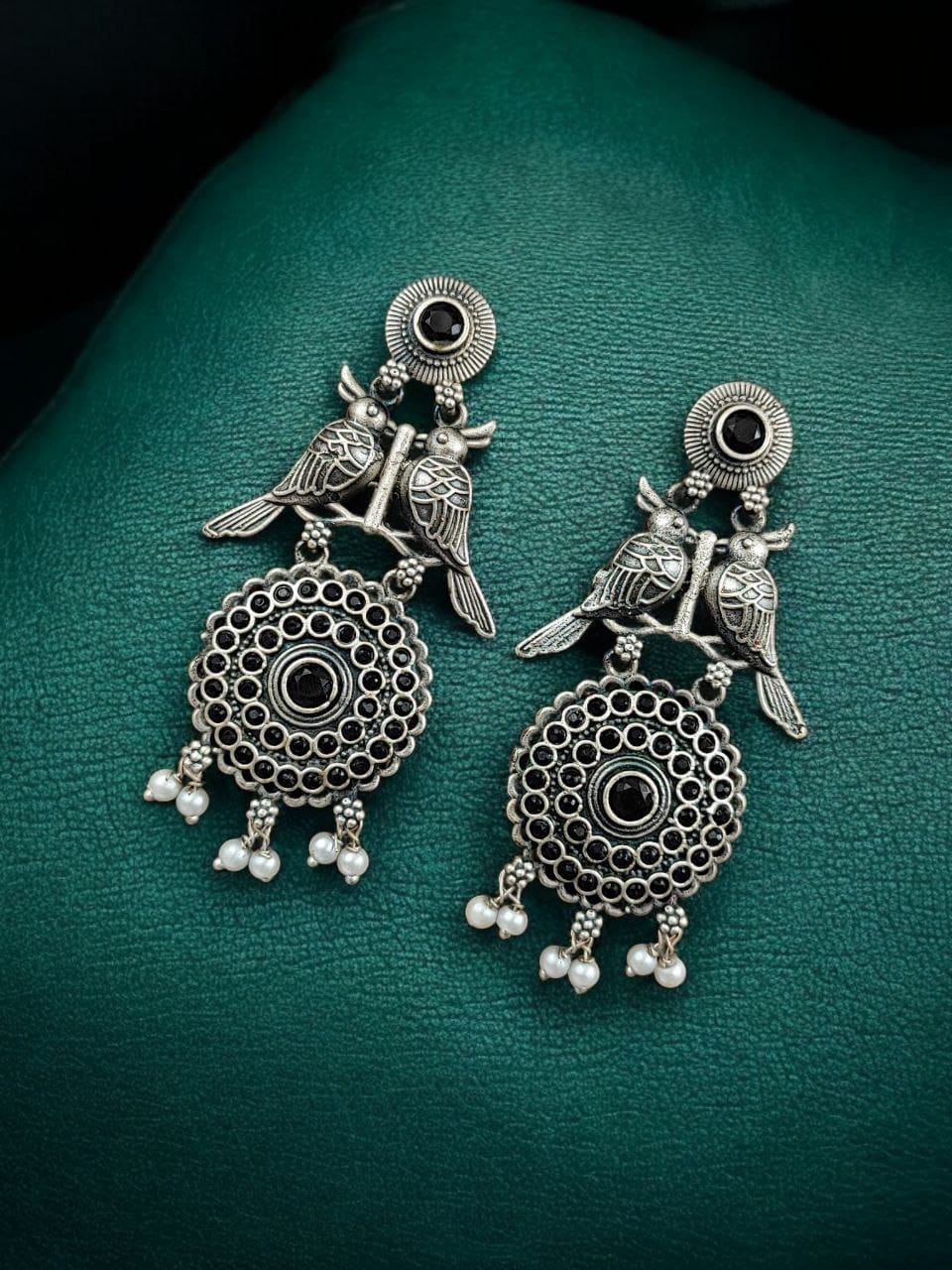 Silver Replica Bird Oxidized Earrings | Best Antique Stone Work Stud Jewelry