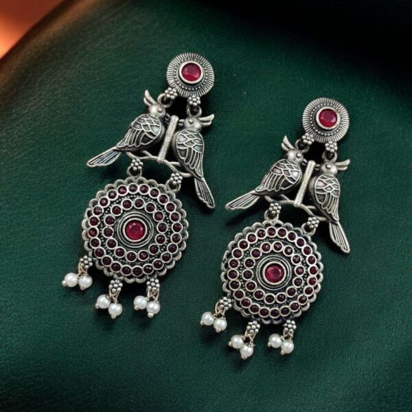 Silver Replica Bird Oxidized Earrings | Best Antique Stone Work Stud Jewelry - "Red"